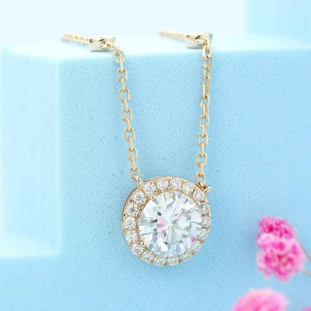 14K Yellow Gold 2.0 Ct Round Cut Diamond Halo Pendant Necklace-Evani Naomi Jewelry