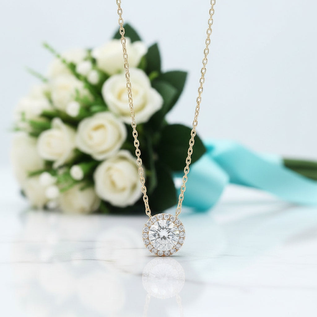 14K Yellow Gold 2.0 Ct Round Cut Diamond Halo Pendant Necklace-Evani Jewelry