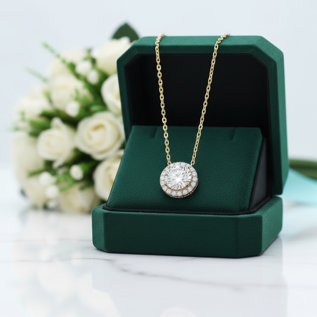 14K Yellow Gold 2.0 Ct Round Cut Diamond OptionHalo Pendant Necklace