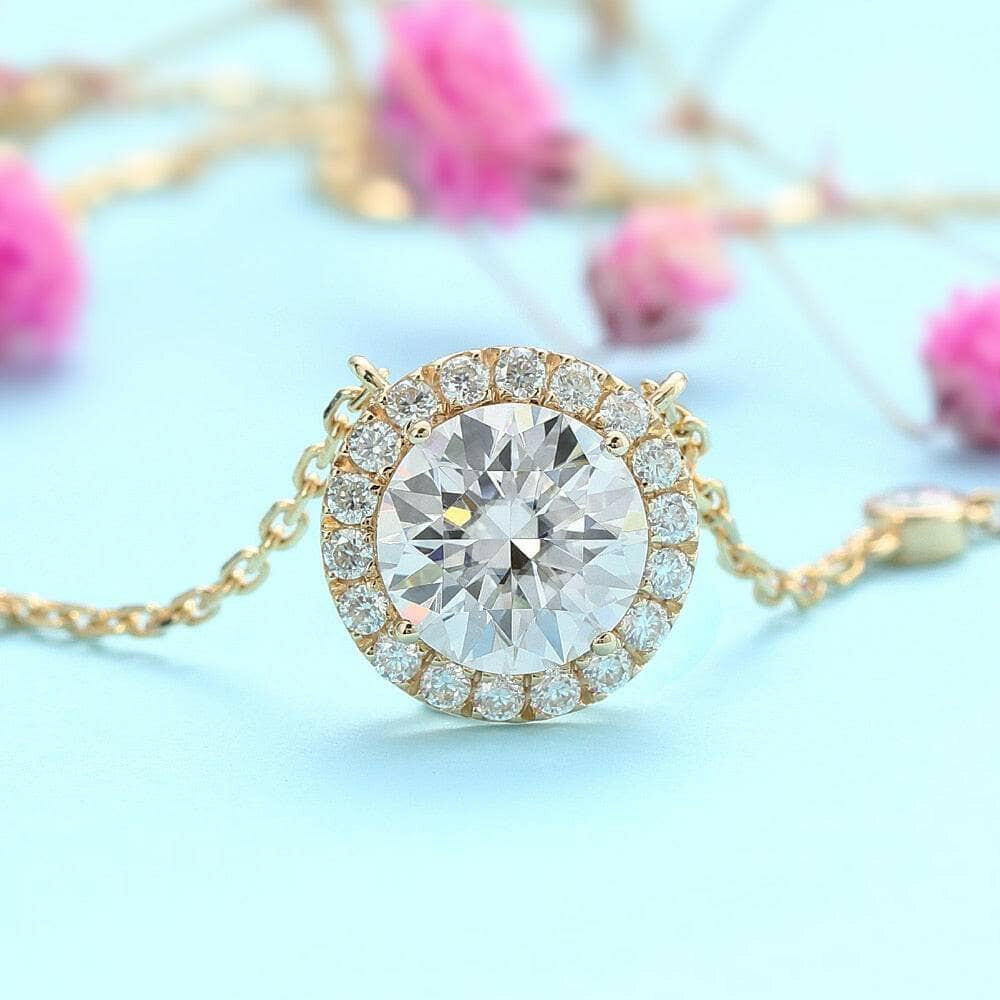 14K Yellow Gold 2.0 Ct Round Cut Diamond Halo Pendant Necklace-Evani Naomi Jewelry