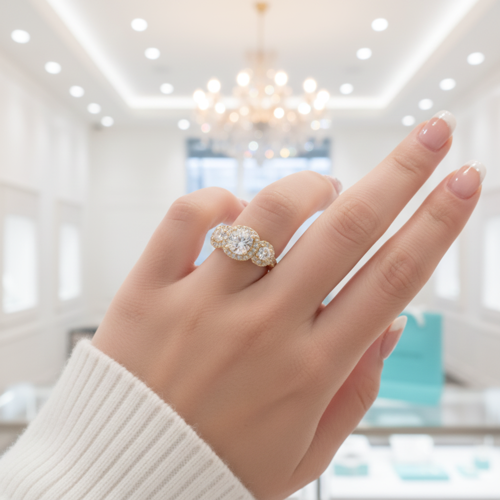 14K Yellow Gold 3 Stone Diamond Halo Engagement Ring-Evani Jewelry