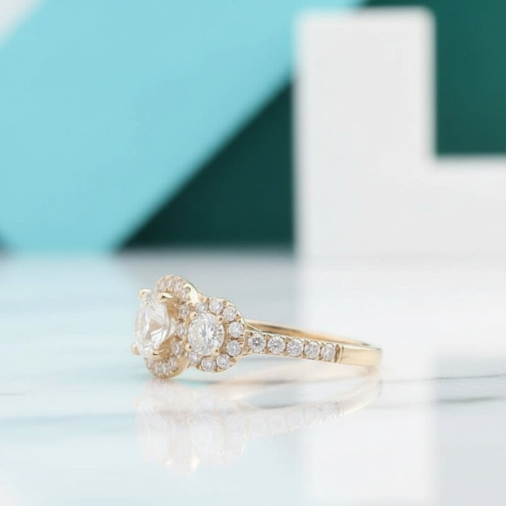 14K Yellow Gold 3 Stone Diamond Halo Engagement Ring-Evani Jewelry
