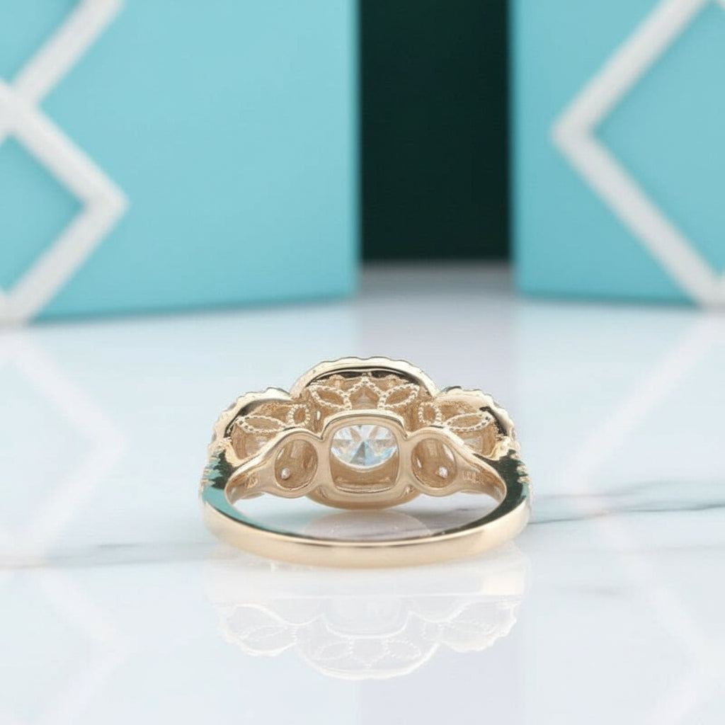 14K Yellow Gold 3 Stone Diamond Halo Engagement Ring-Evani Jewelry