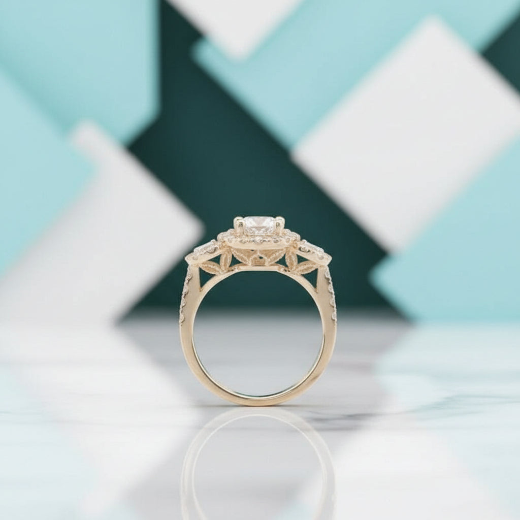 14K Yellow Gold 3 Stone Diamond Halo Engagement Ring-Evani Jewelry