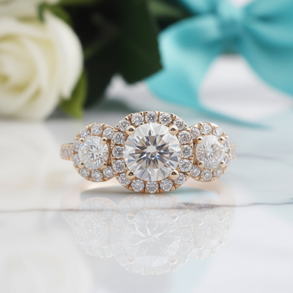 14K Yellow Gold 3 Stone Diamond Halo Engagement Ring-Evani Jewelry