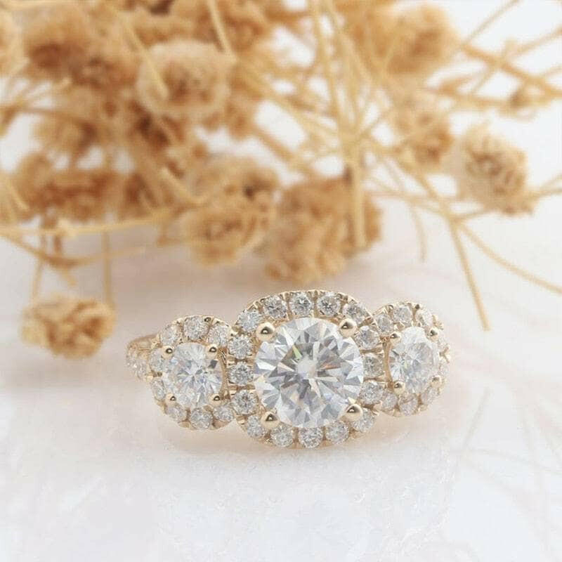 14K Yellow Gold 3 Stone Diamond Halo Engagement Ring-Evani Naomi Jewelry