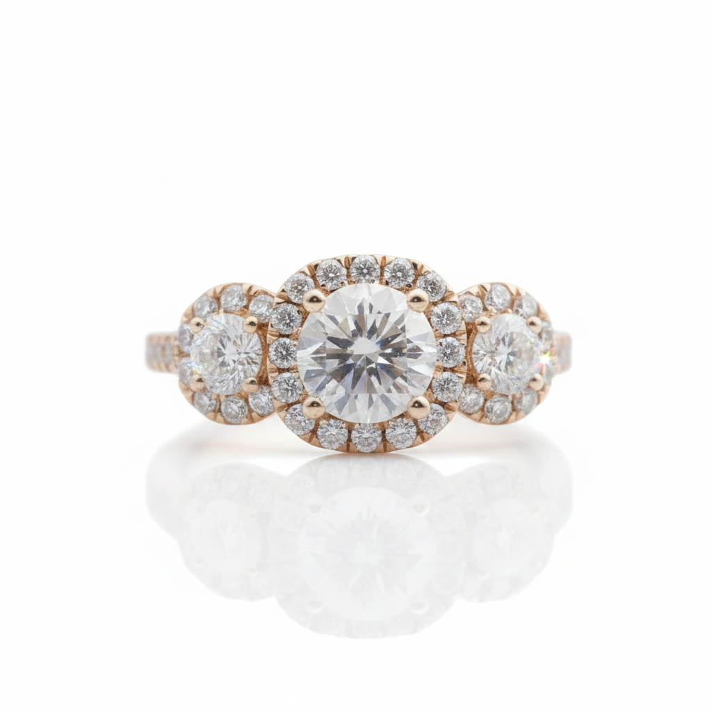 14K Yellow Gold 3 Stone Diamond Option Halo Engagement Ring