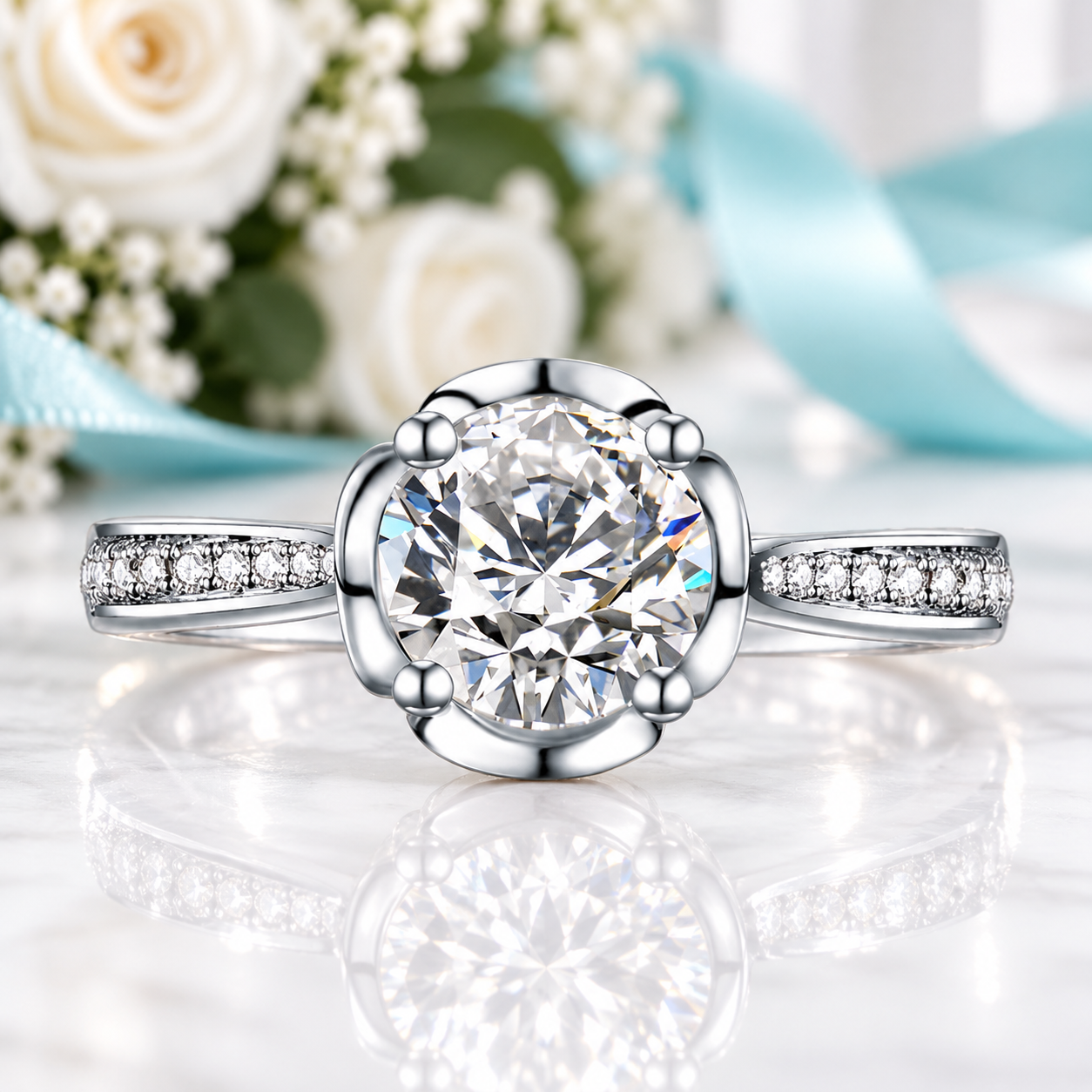 A silver-toned solitaire engagement ring with a large round brilliant-cut clear center stone and small pavé-set accent stones along the band, shown on a reflective white surface with soft-focus white flowers and a light blue ribbon in the background.