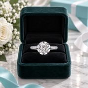 A silver-toned diamond engagement ring with a round-cut center stone and small side stones, displayed in an open dark green velvet ring box on a marble surface with flowers and a gift box in the background.