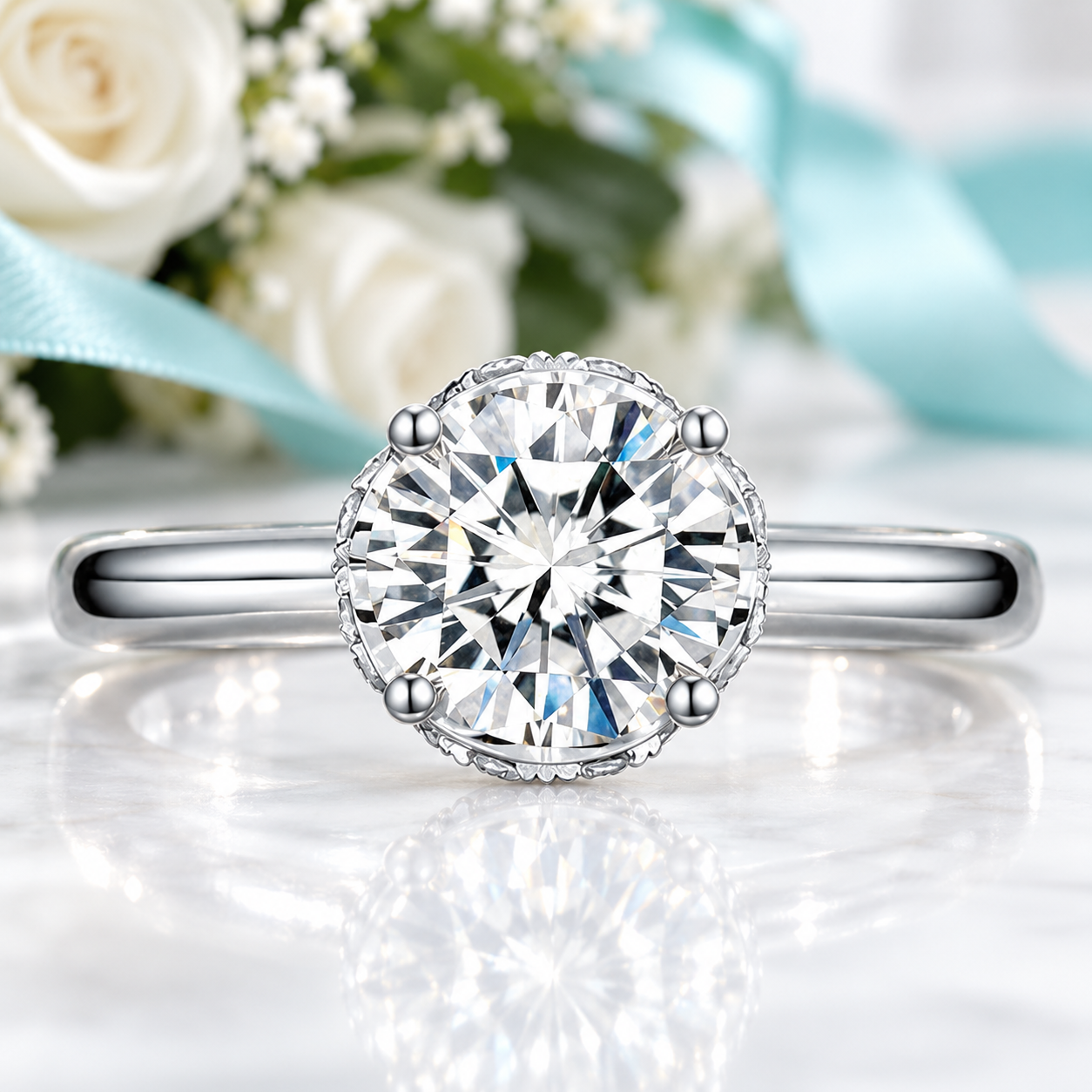A classic solitaire engagement ring featuring a round brilliant-cut diamond set in a silver-toned four-prong setting, resting on a white marble surface with a soft reflection. The background is a soft-focus floral arrangement with white roses and a light blue ribbon.