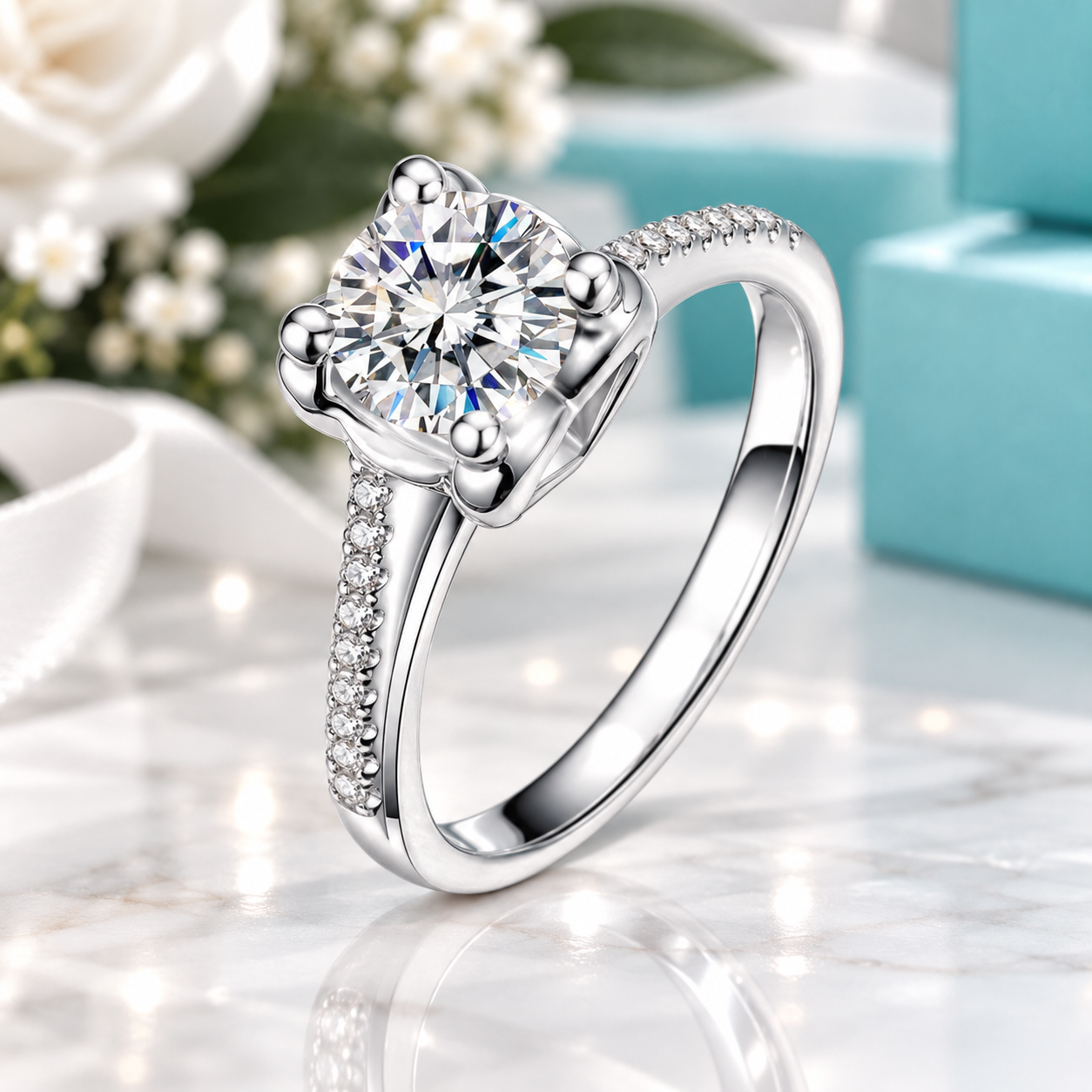 A silver-toned solitaire engagement ring with a round brilliant-cut center stone and pavé-set accent stones on the band, displayed on a marble surface with soft-focus floral and turquoise background elements.