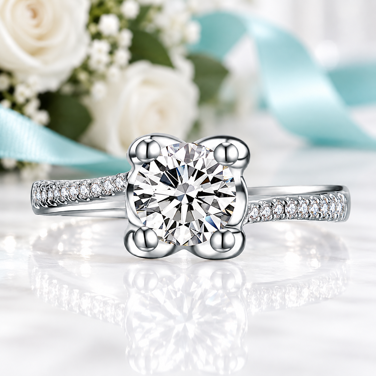 A silver-toned solitaire engagement ring with a large round brilliant-cut center stone and pavé-set side stones, displayed on a reflective white surface with blurred white flowers and a light blue ribbon in the background.