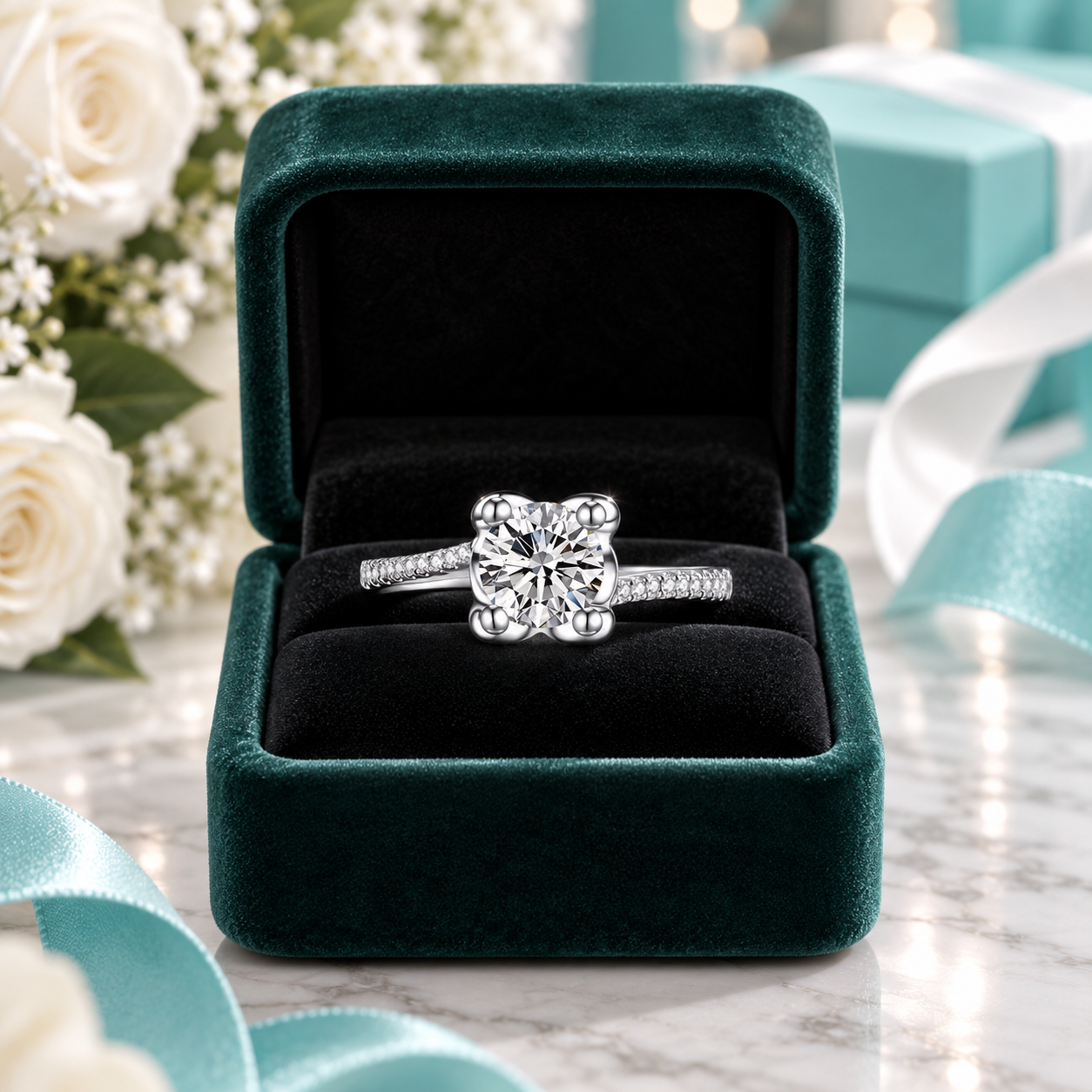 A silver engagement ring with a large round-cut center stone and pavé band, displayed in an open dark green velvet ring box on a marble surface with white roses and turquoise accents.