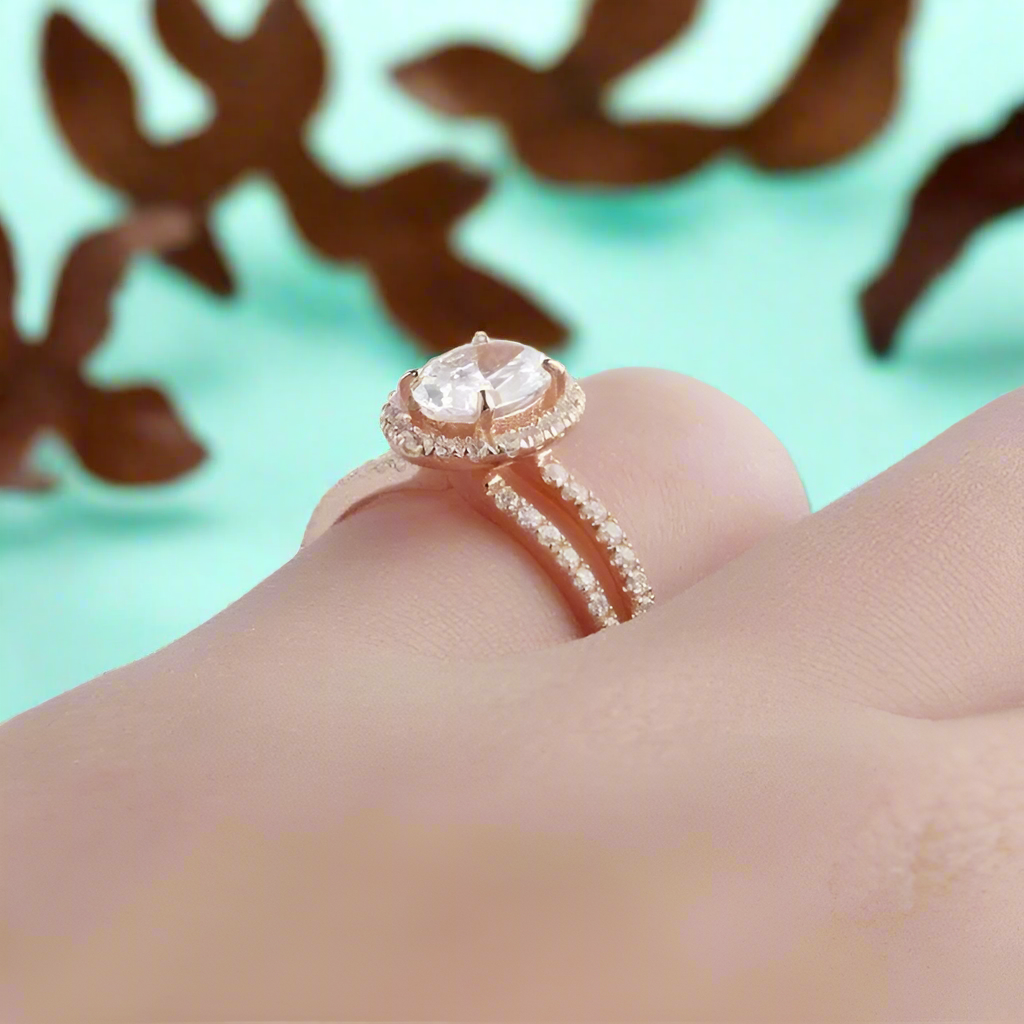 14k Rose Gold 1.0 Ct Oval Cut Halo Engagement Ring-Evani Jewelry