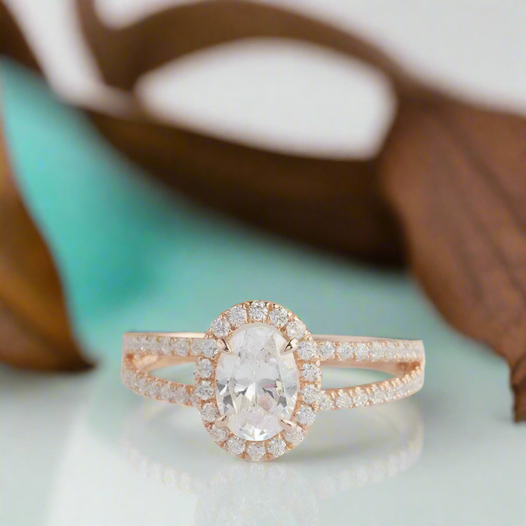 14k Rose Gold 1.0 Ct Oval Cut Halo Engagement Ring-Evani Jewelry