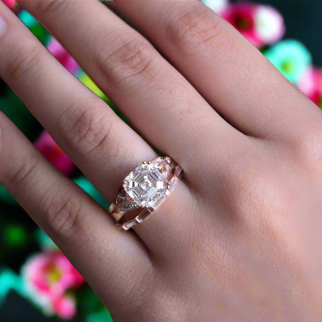 14k Rose Gold 3.0 Ct Asscher Cut Diamond Engagement Ring Set-Evani Jewelry