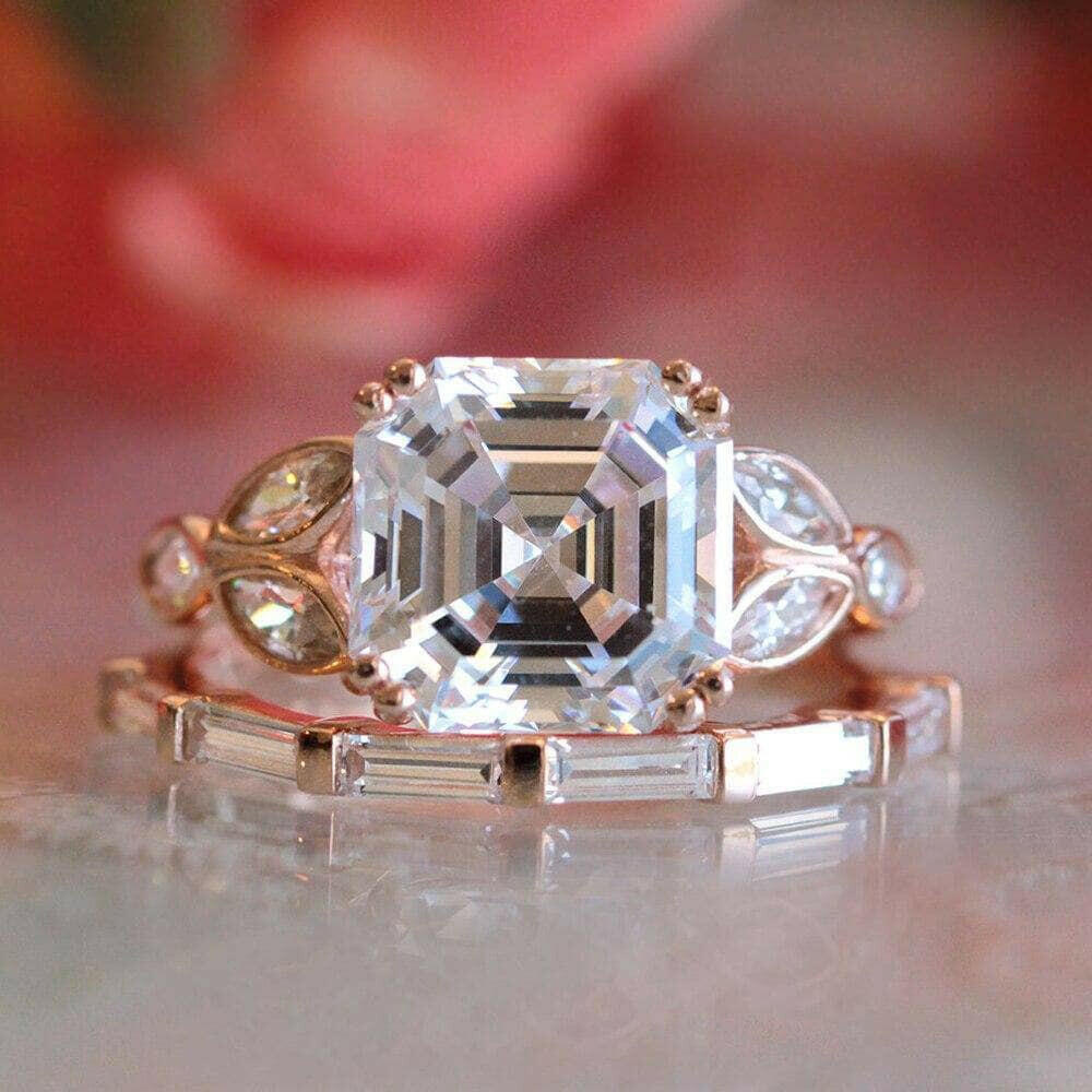 14k Rose Gold 3.0 Ct Asscher Cut Diamond Engagement Ring Set-Evani Jewelry