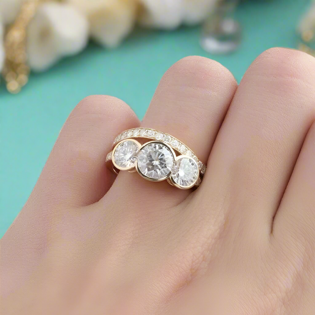 14k Rose Gold 3.1 Cttw Three Stone Diamond Engagement Ring Set-Evani Naomi Jewelry