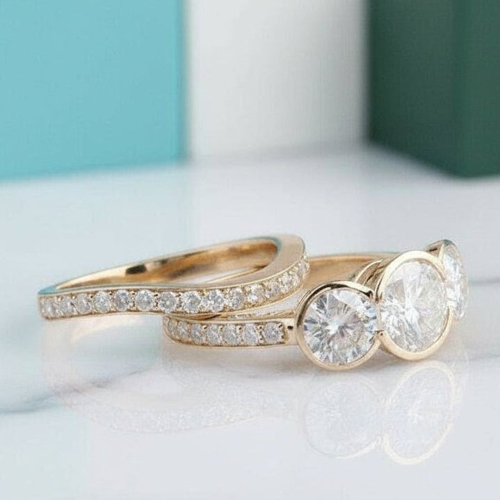 14k Rose Gold 3.1 Cttw Three Stone Diamond Engagement Ring Set-Evani Jewelry