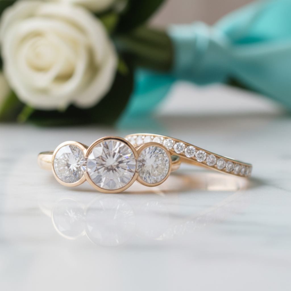 14k Rose Gold 3.1 Cttw Three Stone Diamond Engagement Ring Set-Evani Jewelry