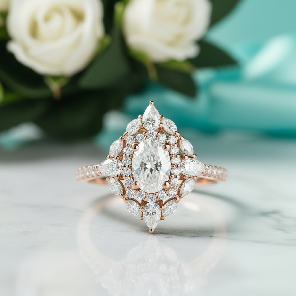 14k Rose Gold Double Halo Oval Cut Engagement Ring-Evani Jewelry