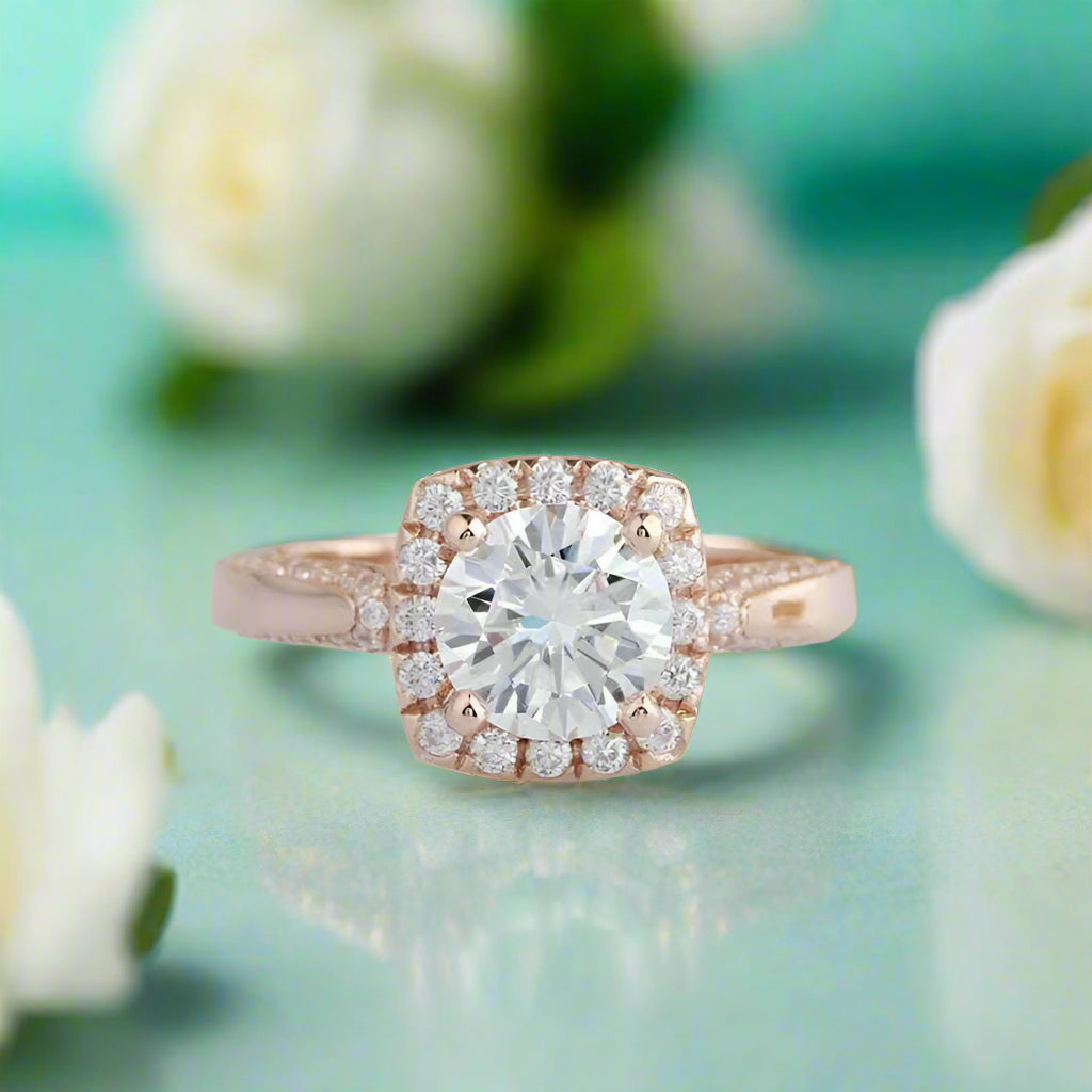14k Rose Gold Halo Diamond Engagement Ring-Evani Naomi Jewelry
