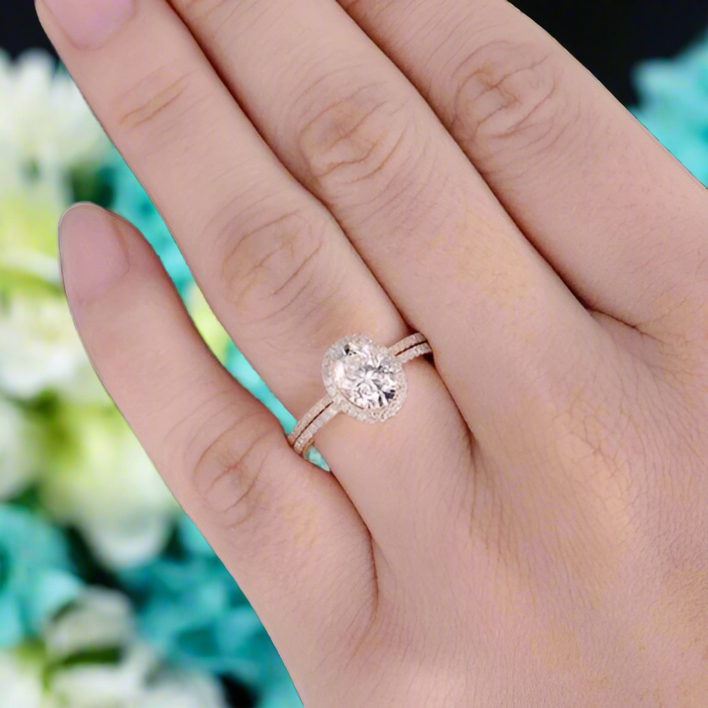 14k Rose Gold Oval Cut Diamond Halo Bridal Ring Set-Evani Jewelry