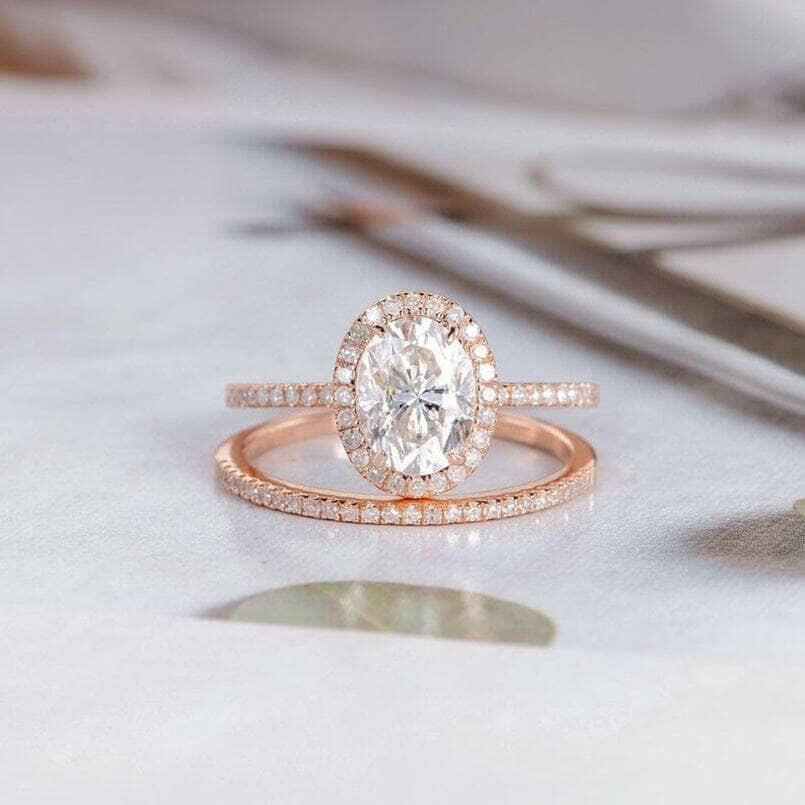 14k Rose Gold Oval Cut Diamond Halo Bridal Ring Set-Evani Jewelry