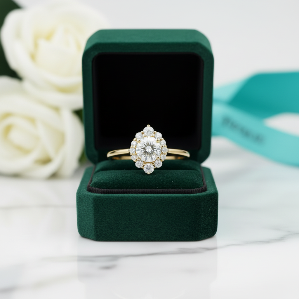 14k Round Cut Diamond OptionHalo Engagement Ring - Evani Naomi Jewelry