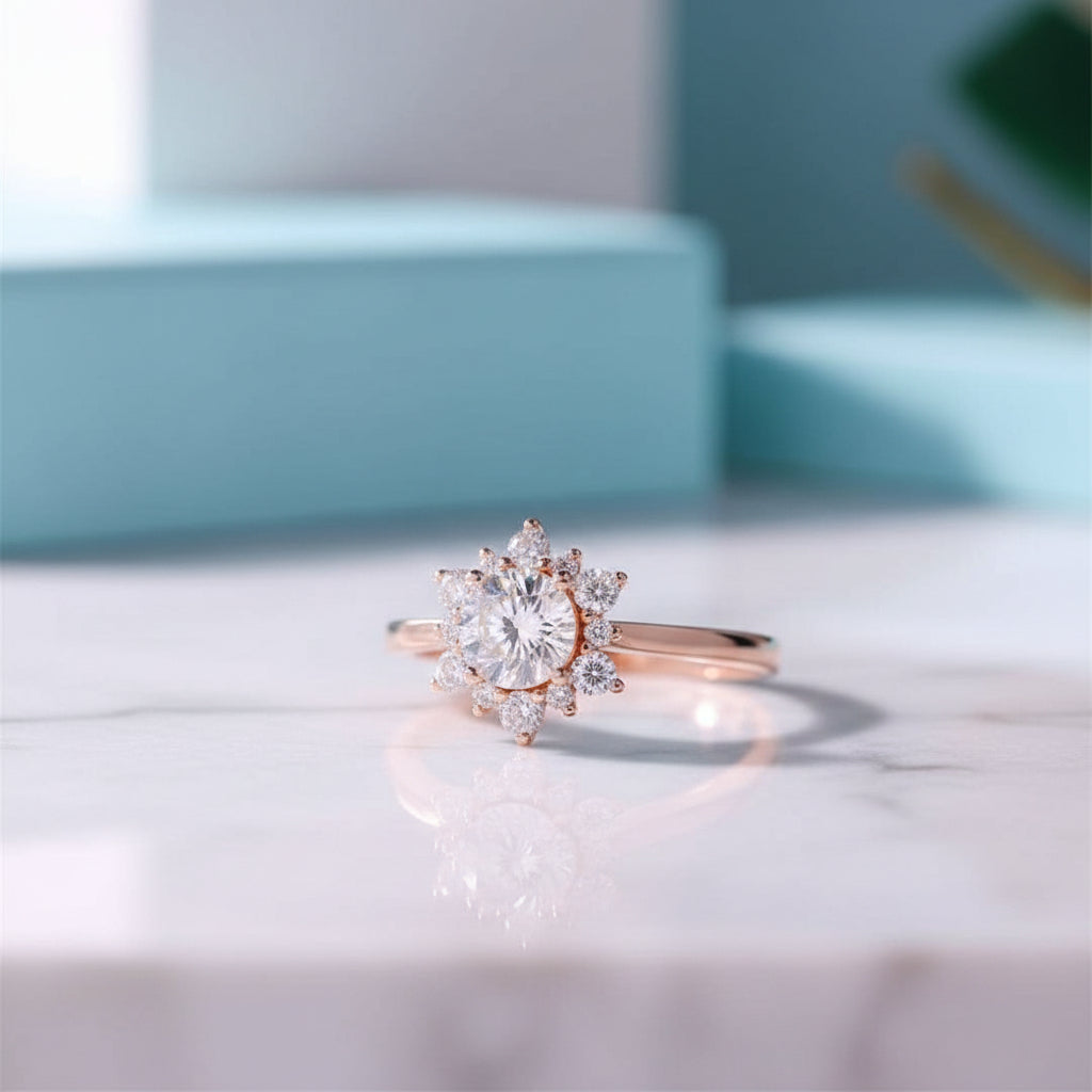 14k Solid Gold Round Cut Diamond Halo Engagement Ring-Evani Jewelry