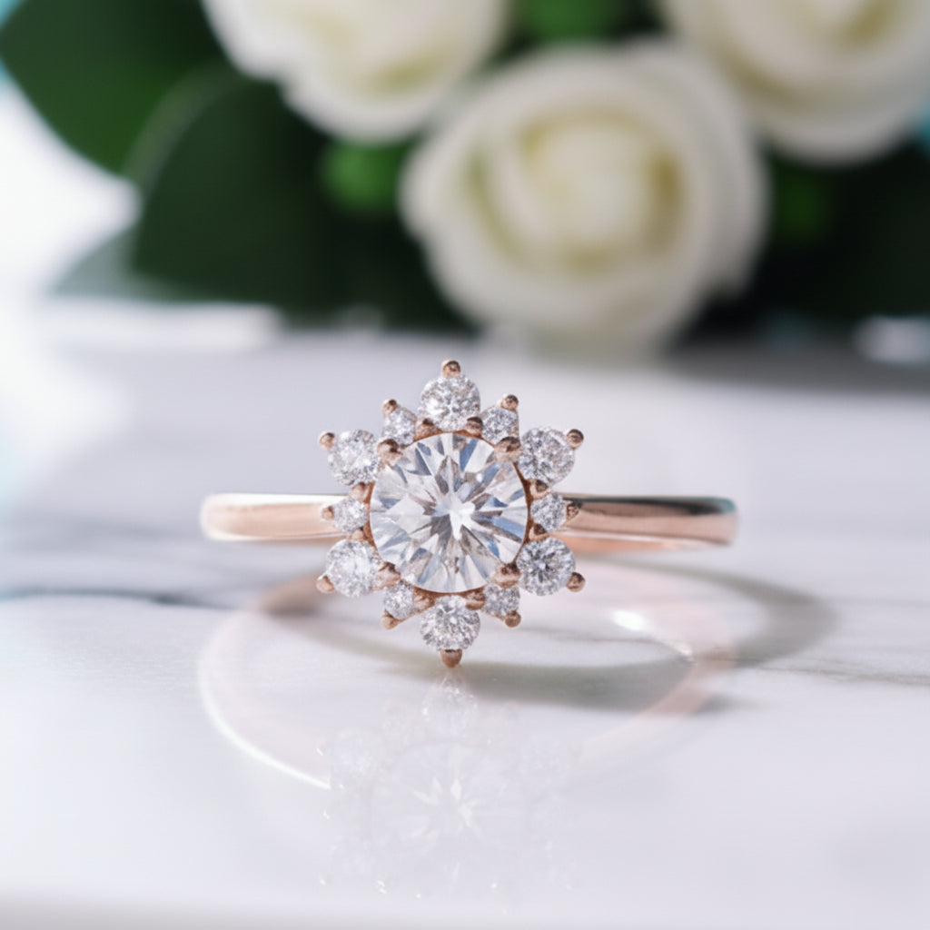 14k Solid Gold Round Cut Diamond Halo Engagement Ring-Evani Jewelry