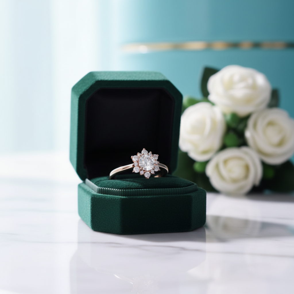 14k Solid Gold Round Cut Diamond OptionHalo Engagement Ring - Evani Naomi Jewelry