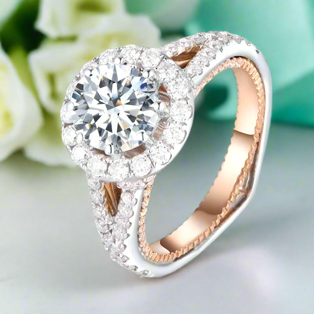 14k Two Tone Gold 1.2 Ct Halo Engagement Ring-Evani Naomi Jewelry
