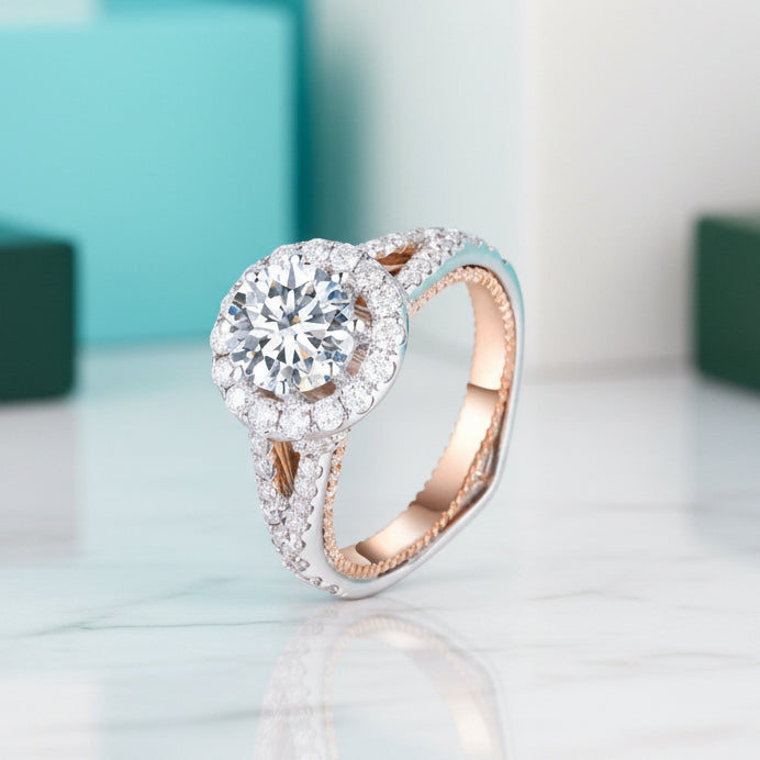 14K Two Tone Gold 1.2 Ct Halo Engagement Ring-Evani Jewelry