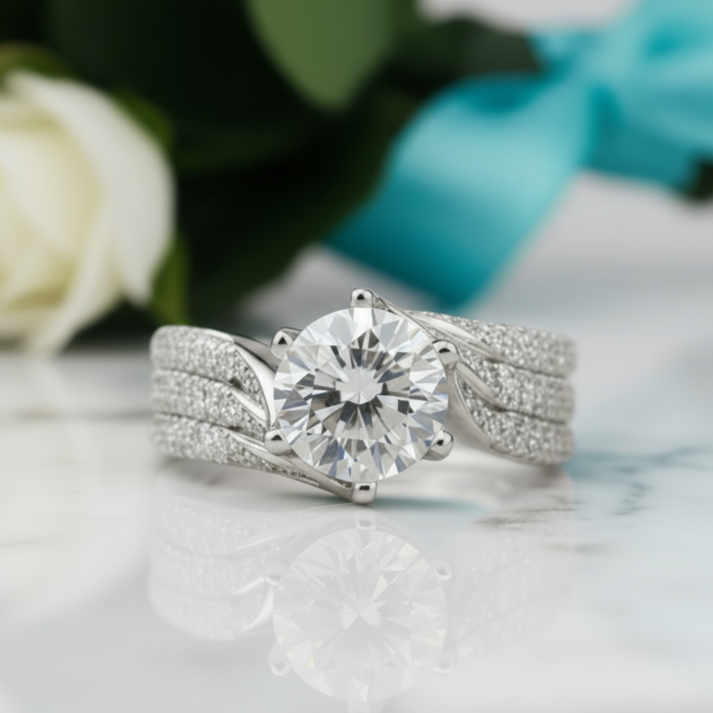 14K White Gold 3ct Full Diamond Ring-Evani Jewelry
