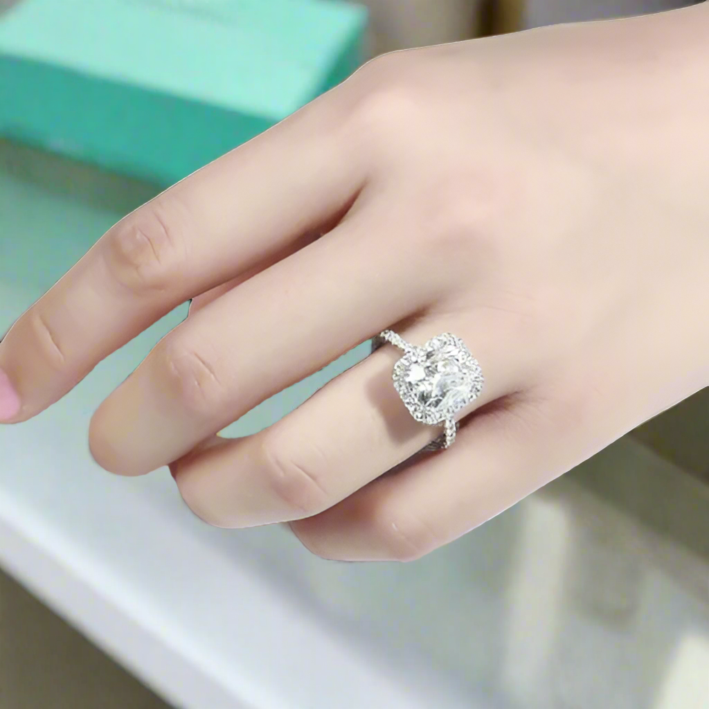 14k White Gold 5.0 Ct Cushion Cut Diamond Halo Engagement Ring-Evani Naomi Jewelry