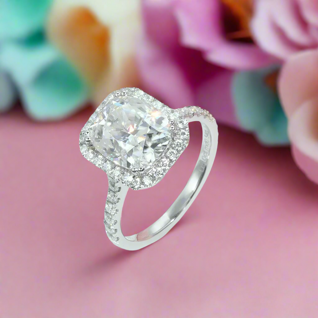 14k White Gold 5.0 Ct Cushion Cut Diamond Halo Engagement Ring-Evani Naomi Jewelry