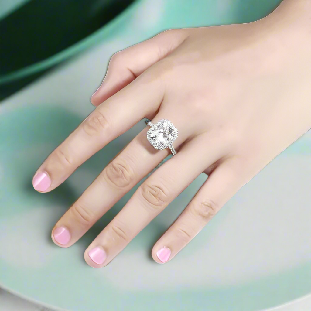14k White Gold 5.0 Ct Cushion Cut Diamond Halo Engagement Ring-Evani Naomi Jewelry