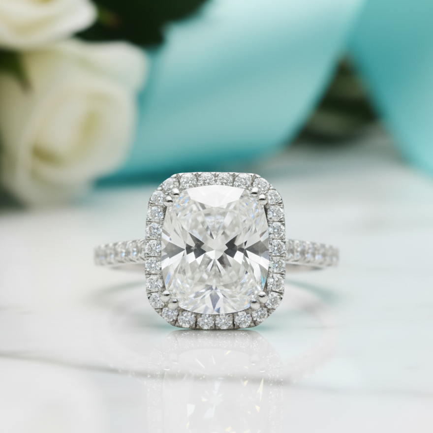 14K White Gold 5.0 Ct Cushion Cut Diamond Halo Engagement Ring-Evani Jewelry