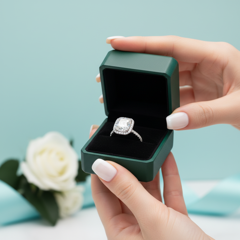 14K White Gold 5.0 Ct Cushion Cut Diamond Option Halo Engagement Ring - Evani Naomi Jewelry