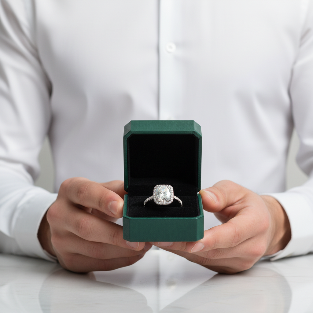 14K White Gold 5.0 Ct Cushion Cut Diamond Option Halo Engagement Ring - Evani Naomi Jewelry