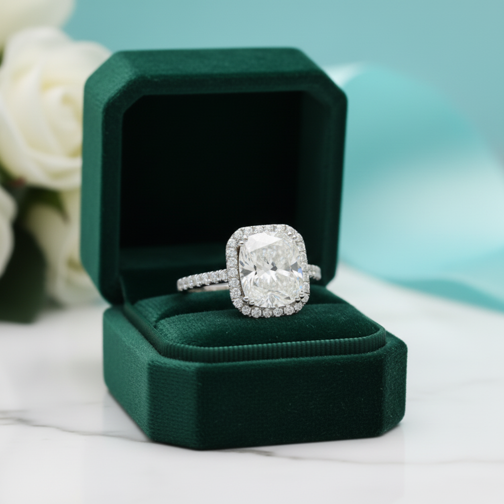 14K White Gold 5.0 Ct Cushion Cut Diamond Option Halo Engagement Ring - Evani Naomi Jewelry