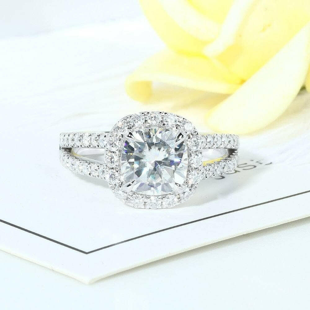 14k White Gold Cushion Cut Halo Diamond Split Band Engagement Ring-Evani Naomi Jewelry