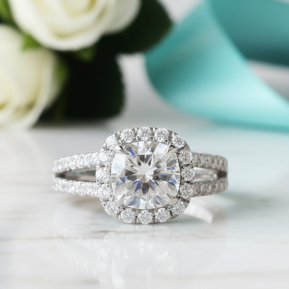 14K White Gold Cushion Cut Halo Diamond Split Band Engagement Ring-Evani Jewelry