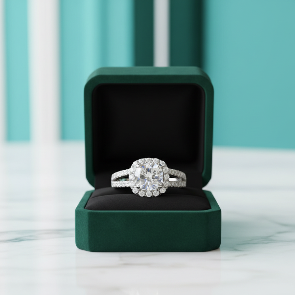 14K White Gold Cushion Cut Halo Diamond OptionSplit Band Engagement Ring - Evani Naomi Jewelry