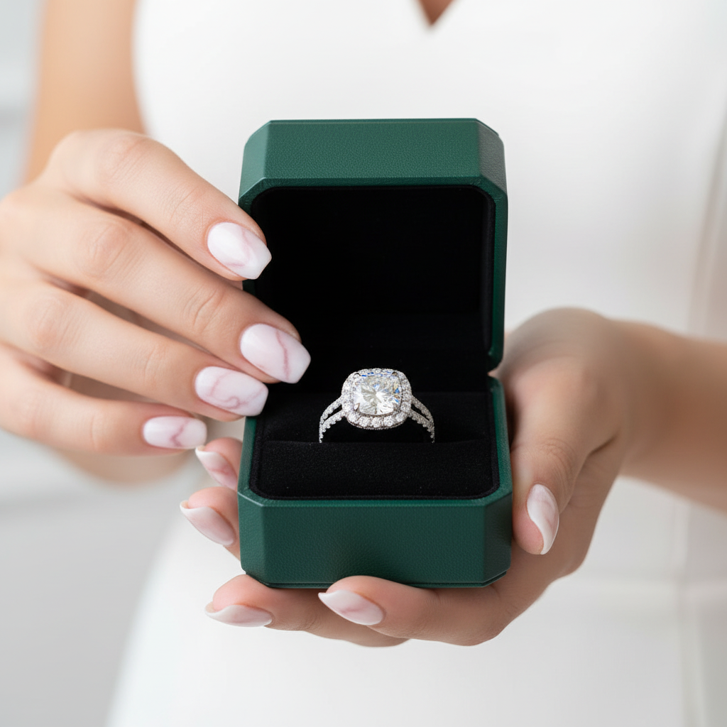 14K White Gold Cushion Cut Halo Diamond OptionSplit Band Engagement Ring - Evani Naomi Jewelry