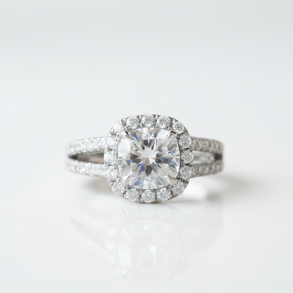 14K White Gold Cushion Cut Halo Diamond OptionSplit Band Engagement Ring - Evani Naomi Jewelry