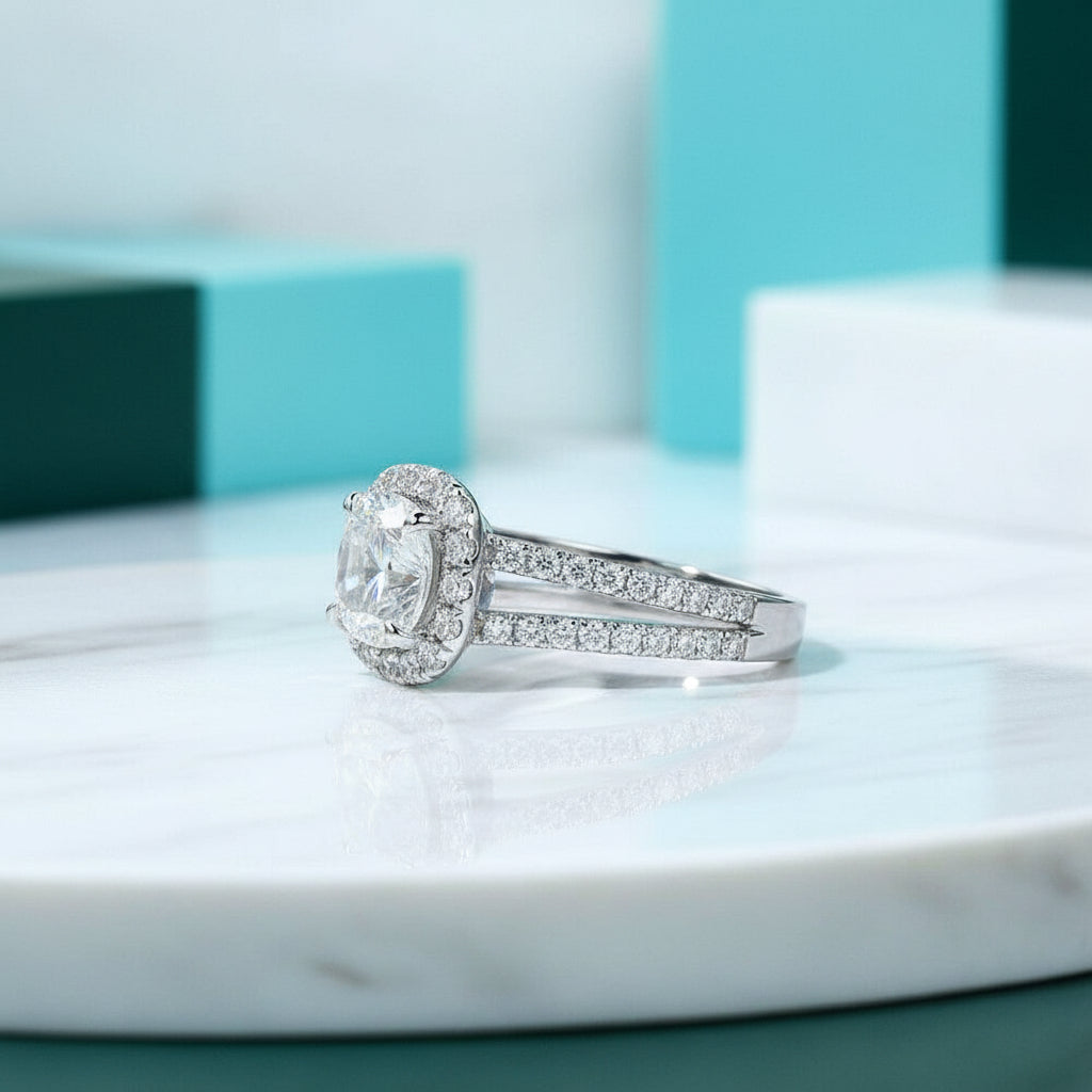 14K White Gold Cushion Cut Halo Diamond Split Band Engagement Ring-Evani Jewelry