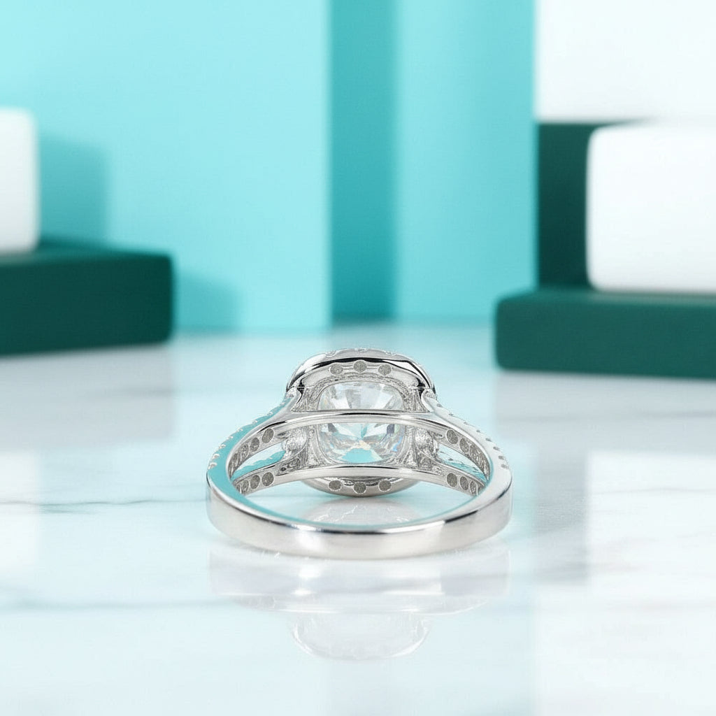 14K White Gold Cushion Cut Halo Diamond Split Band Engagement Ring-Evani Jewelry