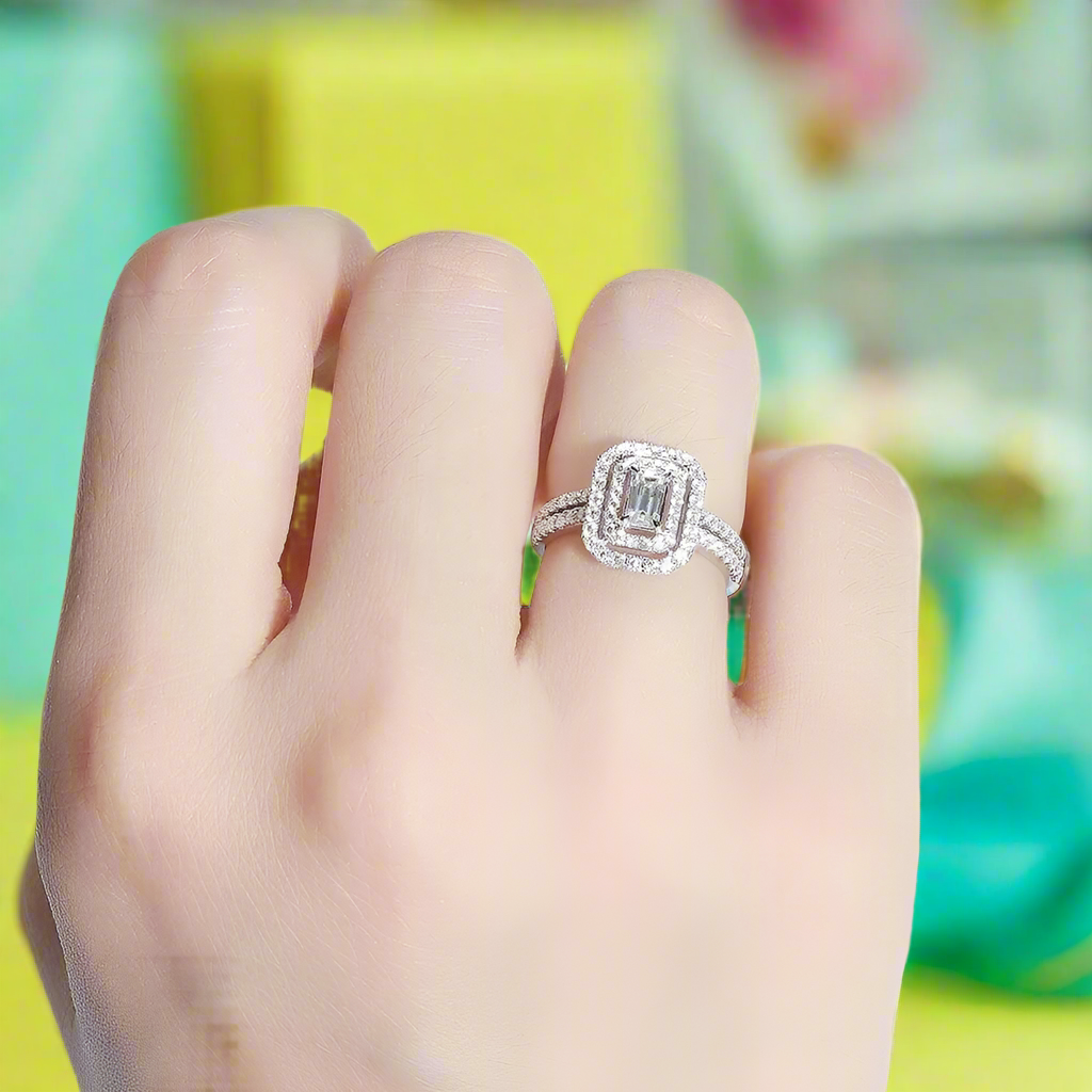 14k White Gold Double Halo Diamond Engagement Ring-Evani Naomi Jewelry